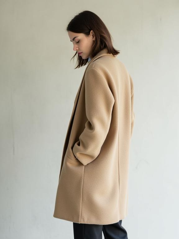 Beige oversized wool cashmere overcoat.